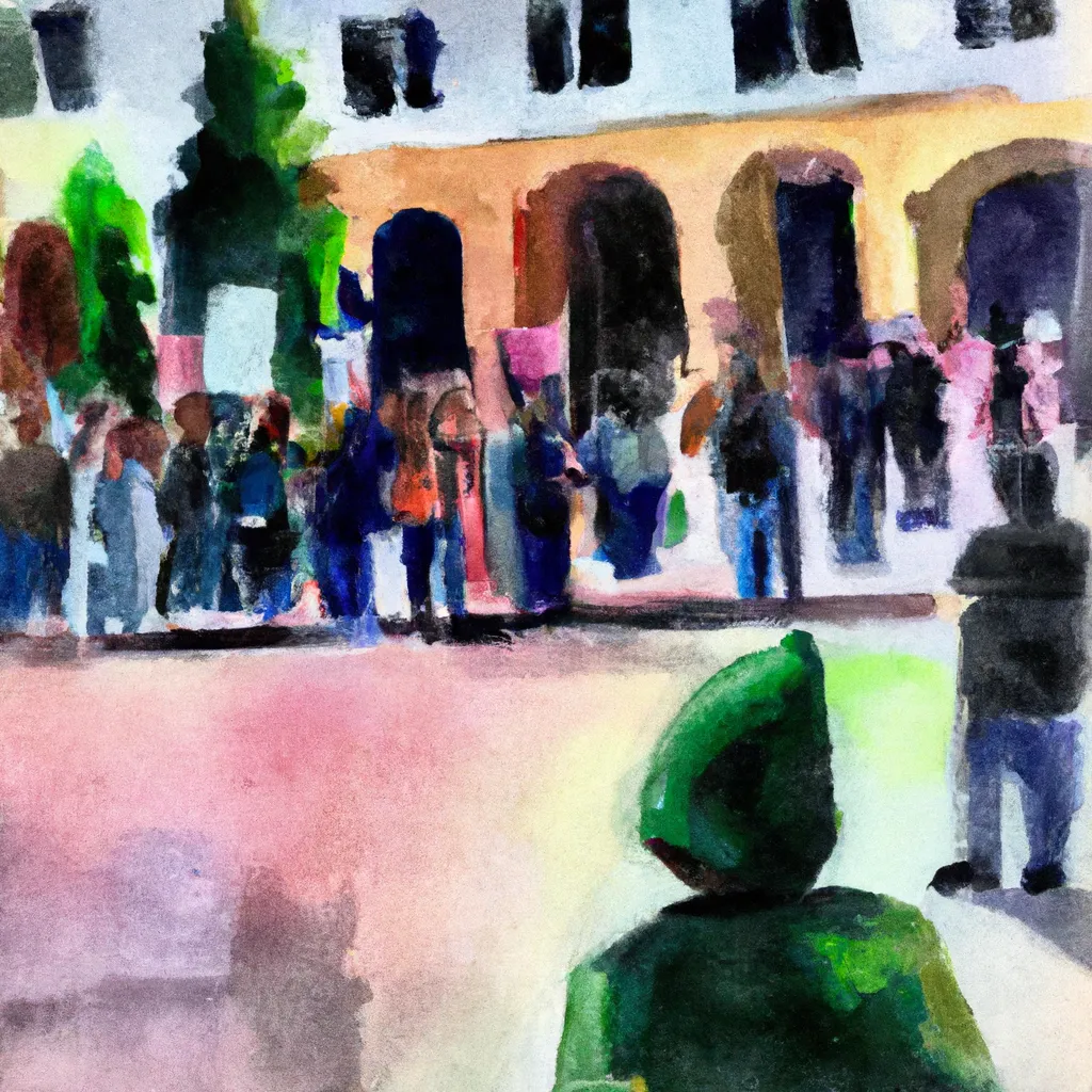 A person standing in a town square witnessing a protest unfold.