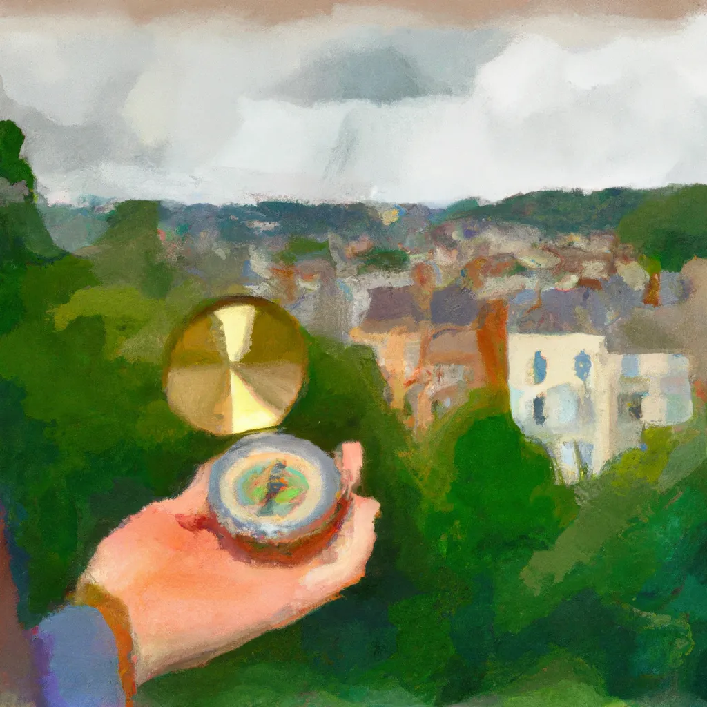 A person holding a vintage compass, standing in front of a small town with buildings surrounded by green landscapes.