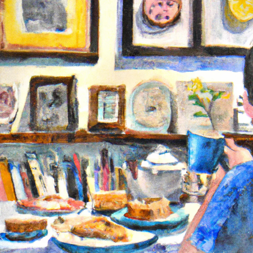 A person sitting in a cozy café, surrounded by unique art pieces and shelves filled with eclectic coffee mugs from around the world, as they sip a cup of coffee and nibble on a lemon tart.