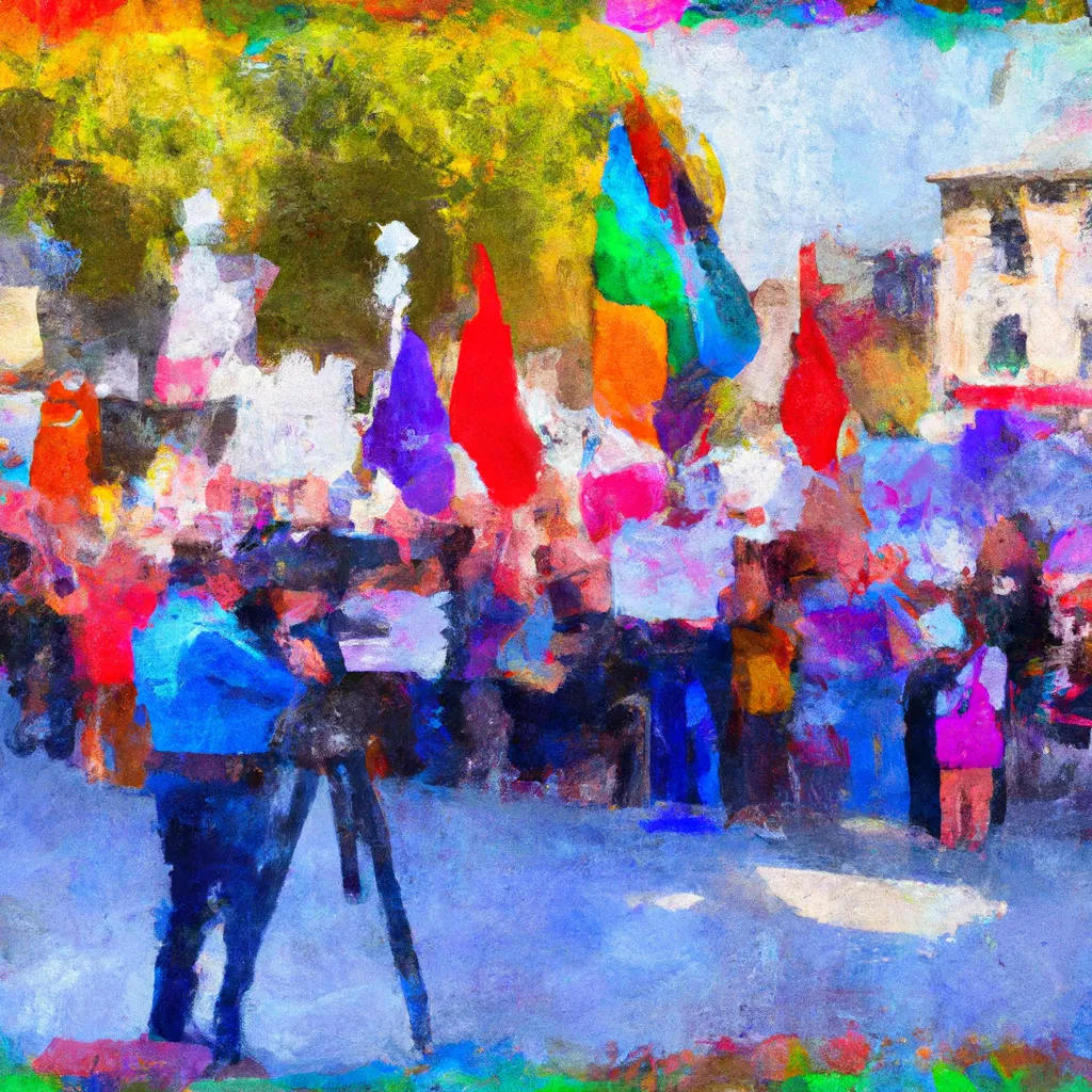 A vibrant town square with a colorful protest taking place, people holding signs and banners, as an individual stands on the sidelines with a DSLR camera, capturing the moment.