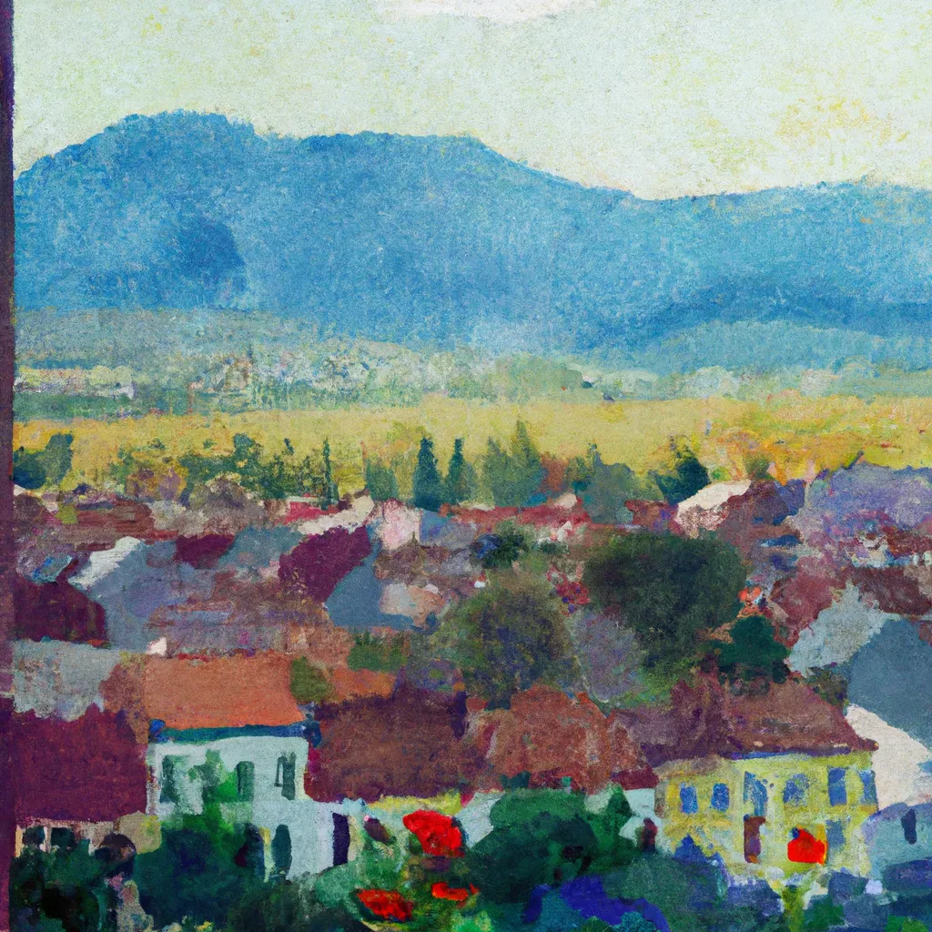 The image in this text is of a quaint town in Romania with beautiful surrounding hills, captured from an exterior terrace with a view of the bustling town.